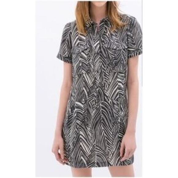 Zara 100% Linen Zebra Print‎ Mini Shirt Dress Short Sleeves Black White, Size XS - Picture 2 of 10